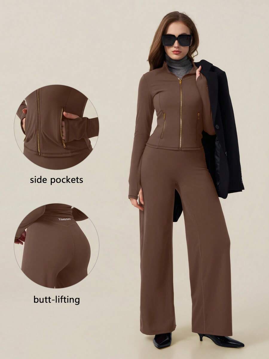 TimeOff Women's One Set Autumn/Winter Solid Color Stand Collar Zipper Pocket Cuff Thumb Hole Jacket And Straight-Leg Pants Sportswear Set - Brown - View 1