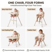 4-In-1 Convertible High Chair For Growing Kids, Removable Tray, Non-Slip Base, 5-Point Harness, Soft PU Seat, Footrest, 6-36 Months, Max Load 33lbs - Khaki - View 6