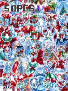 50Pcs PP Ice Country Christmas Stickers, Ice Blue Christmas Fairy Tale Style, Including Ice Christmas Trees, Santa Claus, Snowmen, Ice Flowers, Red Bows Elements, For Journal Collage, Skateboard, Tablet, Notebook, Storage Box, DIY Craft Decor - Multicolor - View 8