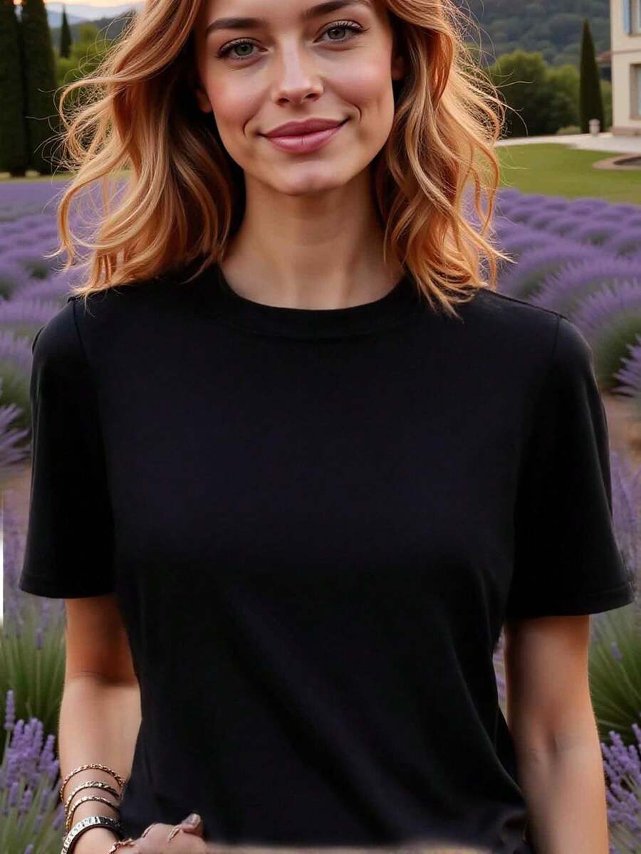 Camiseta básica para mujer, camiseta de color liso y moderna, ligera y delgada, ideal para uso casual, perfecta para el día a día y los fines de semana al aire libre. - Negro - Ver 1