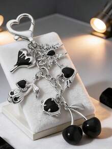 Y2K Dark Sweet Keychain, Silver Alloy Bag Charm With Drip Heart, Cherry & Dragon Pendant, Heart Clasp Backpack Ornament, Daily Accessory - Multicolor - View 8