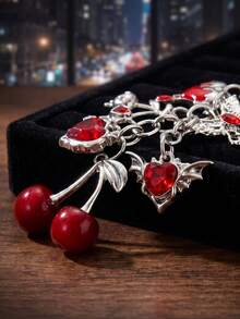 Y2K Dark Sweet Keychain, Silver Alloy Bag Charm With Drip Heart, Cherry & Dragon Pendant, Heart Clasp Backpack Ornament, Daily Accessory - Multicolor - View 2
