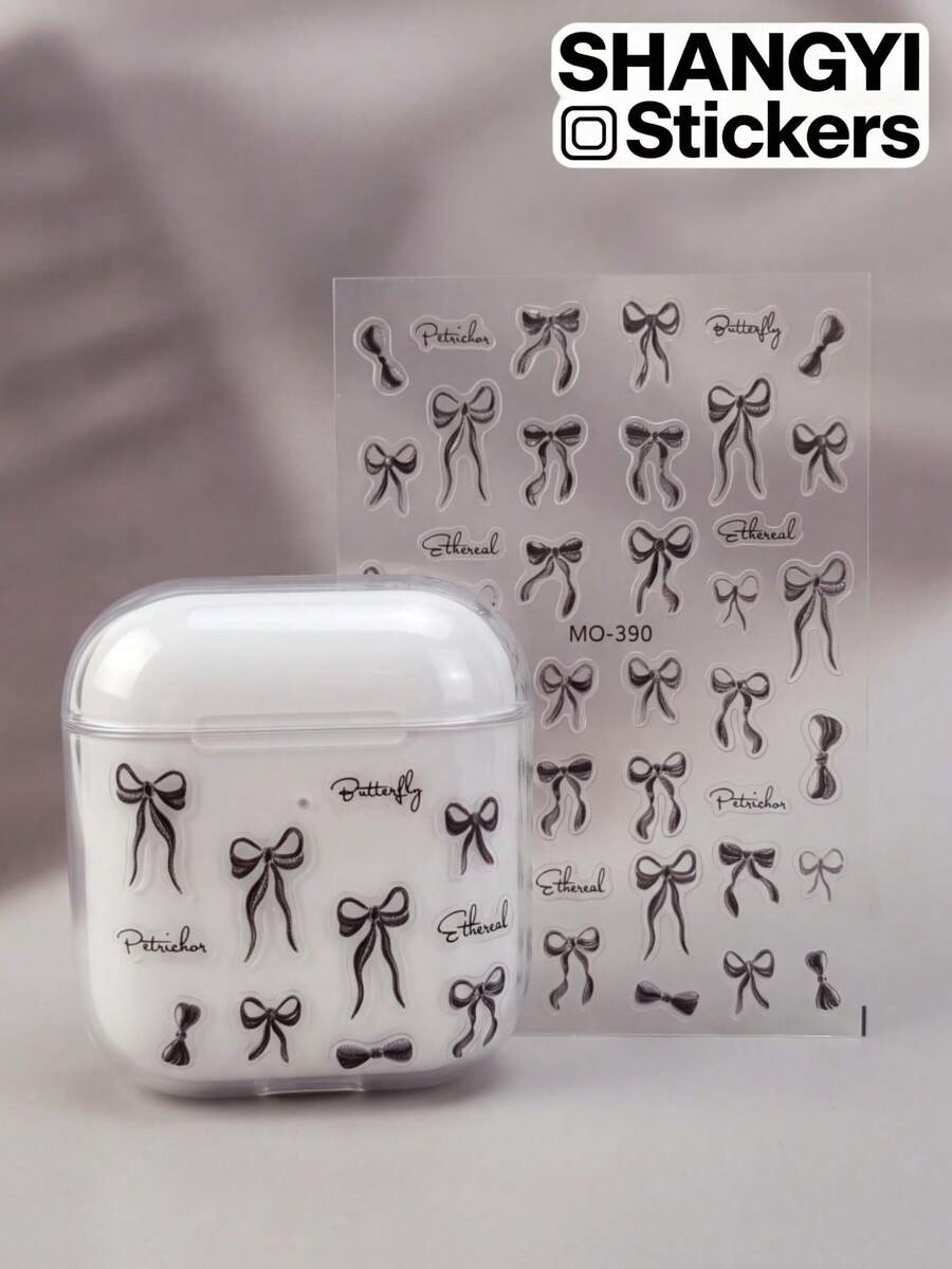 2 Styles Black & White Bowknot Decorative Stickers, Minimalist Hand-Drawn English Letter, Suitable For Phone Case, Earphone Case, Camera Decoration, Sweet & Cool Style Decorative Material Stickers, Multi-Purpose Creative Decorative Small Items - Black and White Bow Stickers - View 1