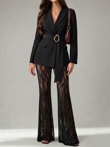 Women's Autumn/Winter Elegant Commute Long Sleeve Blazer With Lining, Metal Decor And Ribbon Design, Lace Flared Pants Set - Black - View 2