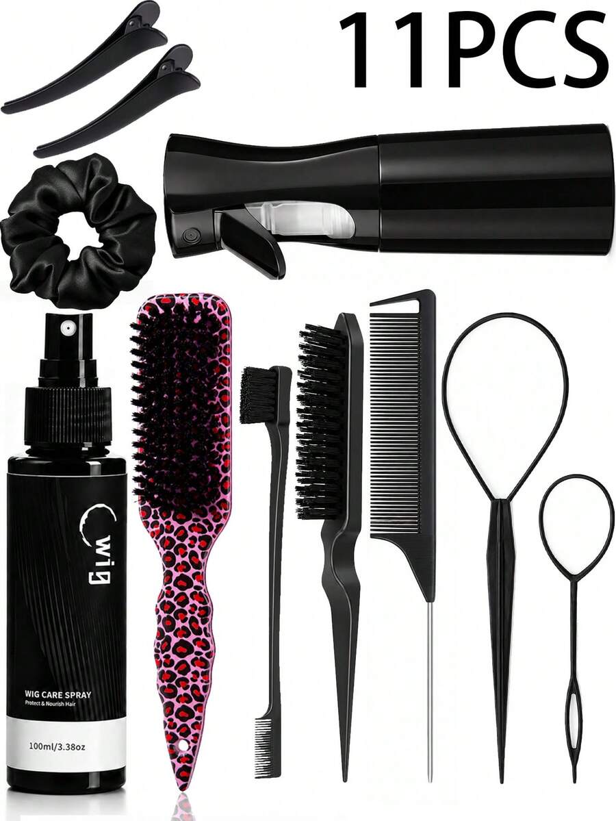 11PCS Lace Wig Styling & Care Set With Fine Mist Spray Bottle, Wig Care Spray, Leopard Paddle Brush, Edge Brush, Styling Comb, Hair Clips And Loop Styling Tools For Professional Salon And Home Wig Maintenance - 100ml - View 1