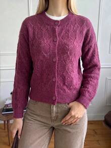 Magenta Diamond Hollow Knit Cardigan, Women Round Neck Long Sleeve Button Front Cropped Sweater - Red Violet - View 7