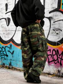 Celana Kargo Kamuflase Pria, Potongan Longgar dan Lebar, Gaya Streetwear, Potongan Santai, Gaya Militer Taktis, Celana Panjang Praktis dengan Banyak Saku - Hijau Tentara - View 5