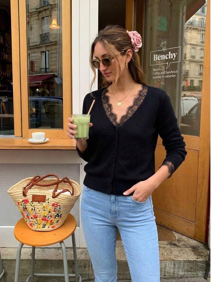 Women's Semi-Sheer Knit Cardigan, V-Neck Lace Trim, Long Sleeve Front Button, Regular Length Autumn Layering Top - Black - View 1