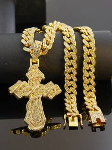 European & American Hip Hop Cross Pendant Cuban Chain Men's Necklace, Full Rhinestone Sparkling Personalized Street Style Rap Party Collarbone Chain Fashion Jewelry - Cross Pendant Necklace - View 13