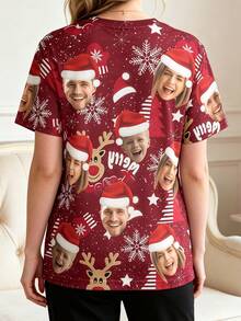 1 buah Kaos Lengan Pendek Leher Bulat Unisex Kustom Multi-Foto Warna Burgundy Motif Rusa Kutub dan Kepingan Salju, Hadiah Natal - MultiWarna - View 6