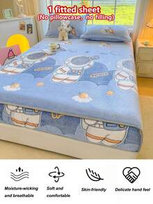 1pc Autumn/Winter Thick Soft Breathable Snowflake Flannel Print Fitted Mattress Cover (Single Fitted Sheet), Instant Warmth Moisture-Wicking Breathable, Non-Slip Mattress Cover, Easy To Remove And Machine Washable, Suitable For All Seasons, 30cm Height, Perfect For Bedroom Decor - Astronaut - View 6