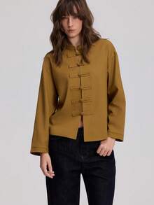 Women's New Chinese Style Long Sleeve Stand Collar Knot Button Linen Shirt - Green - View 5