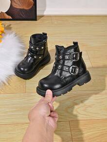 Girls' Autumn/Winter Rivet Buckle Ankle Boots With Side Zipper, Thick Sole, Anti-Slip, Casual Boots For Toddlers - Black - View 6
