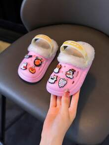 Halloween Cartoon Ghost Pumpkin Charm Fuzzy Lined Clogs For Toddler Kids, Warm Plush Slip On Winter Garden Slippers Non-Slip Thick Sole House Shoes - Pink - View 8