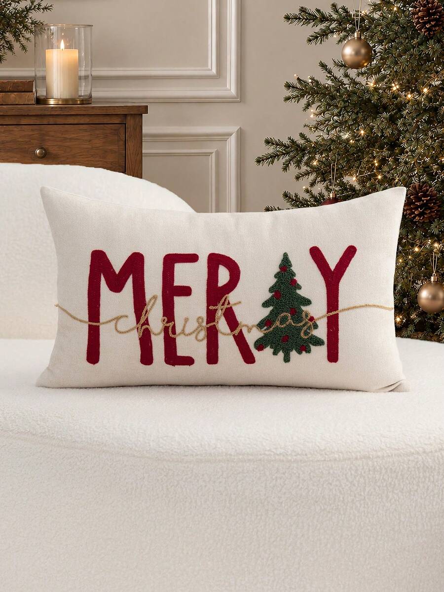 1件米色 MERRY 刺繡聖誕枕套，聖誕樹枕套，適合室內裝飾，聖誕裝飾，四季通用枕套，不含枕芯