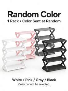 1pc 4-Tier Plastic Shoe Rack With Matching Fabric Shelves, Z-Shaped Supports, Random White/Pink/Gray/Black, Modern Space-Saving Shoe Organizer For Entryway, Bedroom Or Dorm - Multicolor - View 7