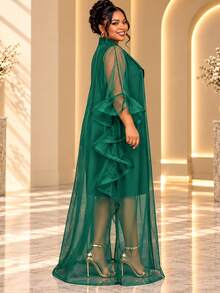 AOMEI Plus Size Women's Dark Green Sheer Shawl 2 Pieces Set Church Dress, Ruffle Flare Sleeve A-Line Skirt, Elegant Formal Wedding Guest Party Outfit - Dark Green - View 6