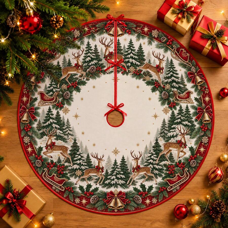 1pc Snowman Red Bird Pine Branch Pattern Christmas Tree Skirt, Elegant Color Holiday Decor, 5 Sizes, Unisex Holiday Gift, Suitable For Home And Party Christmas Home Decoration - Snowman Red Bird Pine Branch - View 1