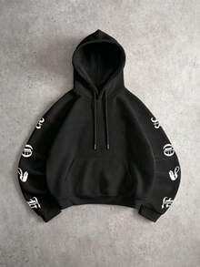 FRACTYR Men's Vintage Red Rose Gothic Letter Pattern Hoodie, Dark High Street Style Loose Casual Pullover - Black - View 6