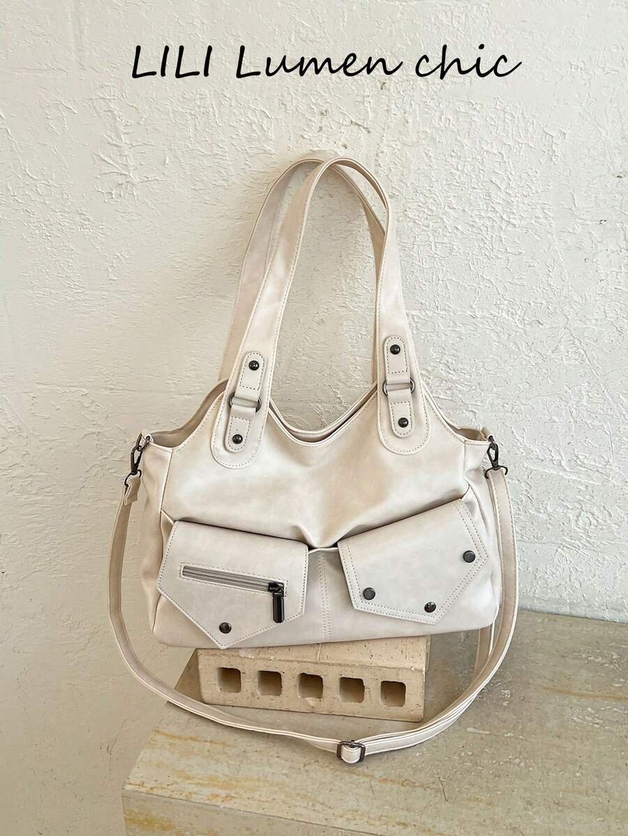 Tote Bag With Multiple Pockets, Rivet And Metal Zipper Decoration, Partitioned Storage Large Capacity, Main Compartment Open + Front Pocket Zipper Closure, Casual Retro Cargo Style Style Tote Bag, Suitable For Daily Commute, Campus Travel, Girls Who Like Simple Cargo Style Outfits - White - View 1