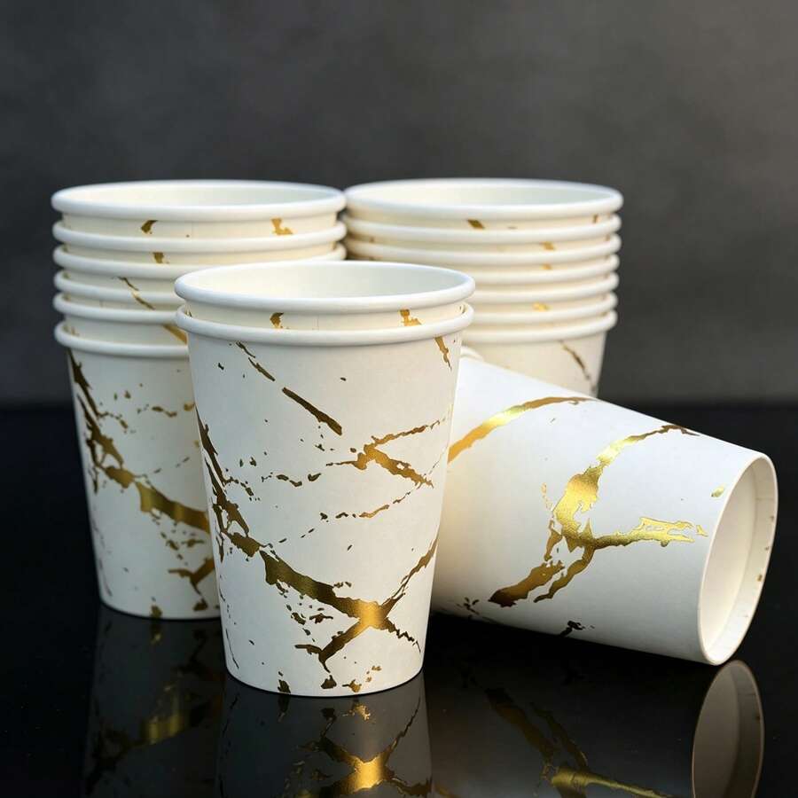 10/25pcs Disposable Party Cups (Christmas/Halloween/Home Use) - White & Gold Marble Pattern Disposable Paper Cups, Gold Foil Marble Pattern Party Drinking Cups, Suitable For Weddings, Birthday Parties And Bridal Showers Tableware - Multicolor - View 1