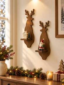1pc/1set Christmas Deer Wall Candlestick Retro Dark Brown Wall Mounted Storage Rack Party Background Decoration Candlestick Holiday Hanging Storage Rack Home Decoration Suitable For Bedroom Entrances Living Room Fireplace Wall Gifts - Multicolor B - View 4