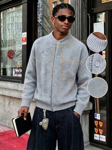 ANDREILEE Men's Fashion Casual Versatile Solid Color Minimalist 2 In 1 Button Cardigan Round Neck Long Sleeve Loose Ribbed Top Autumn/Winter Jacket - Grey - View 5