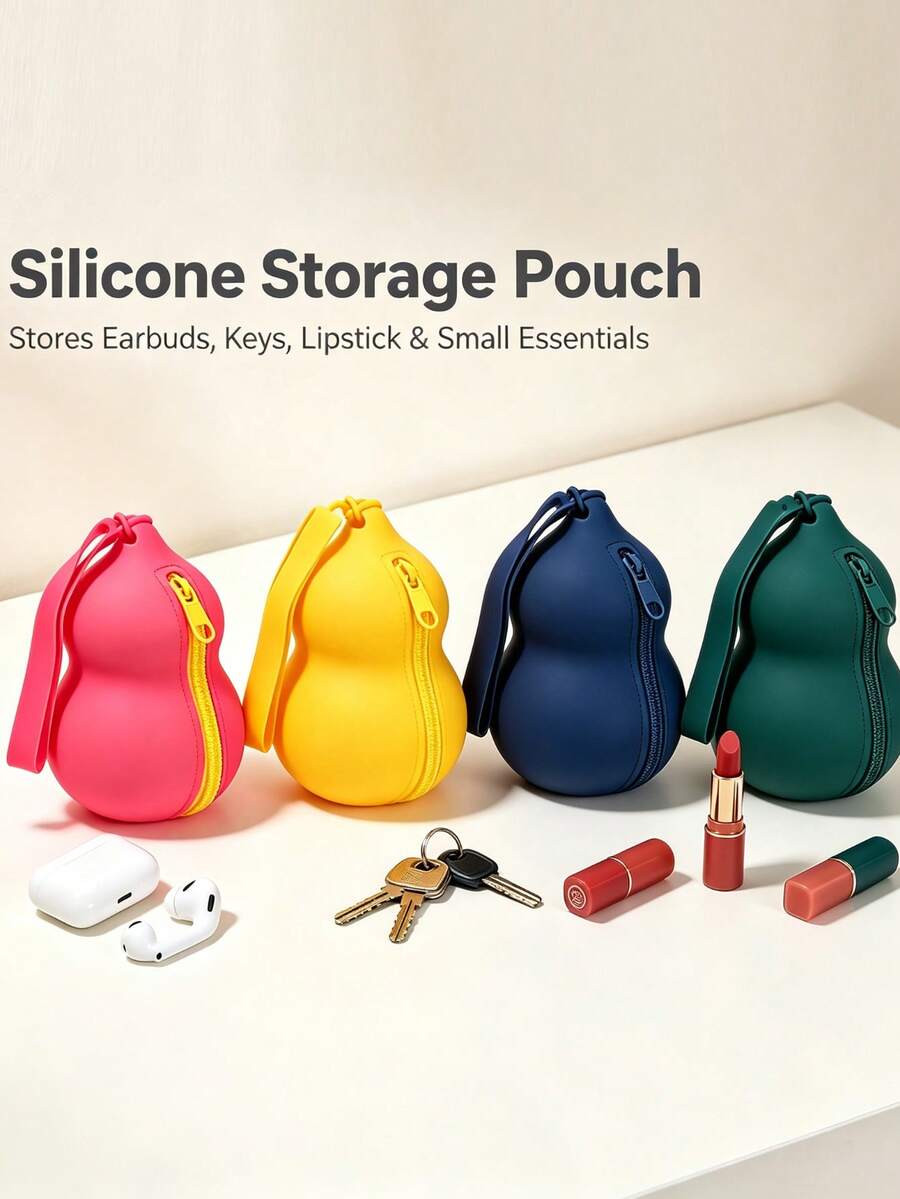 Cute Gourd-Shaped Silicone Makeup Bag, Mini Zipper Storage Pouch Key Bag For Earphones, Keys, Lipstick, Coins, Backpack Charm, Multi-Functional Storage Bag, Christmas Holiday Gift - Multicolor - View 1