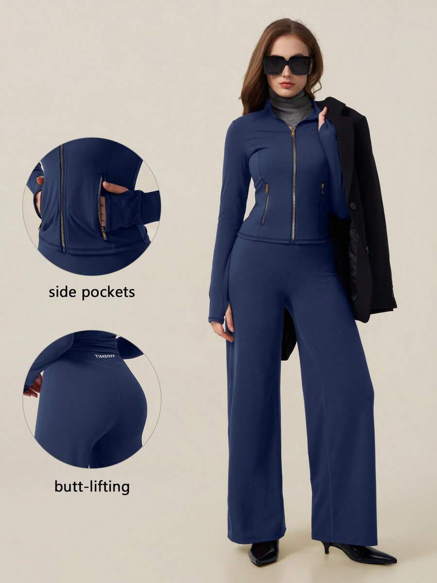 TimeOff Women's One Set Autumn/Winter Solid Color Stand Collar Zipper Pocket Cuff Thumb Hole Jacket And Straight Leg Pants Sports Suit - Navy Blue - View 1