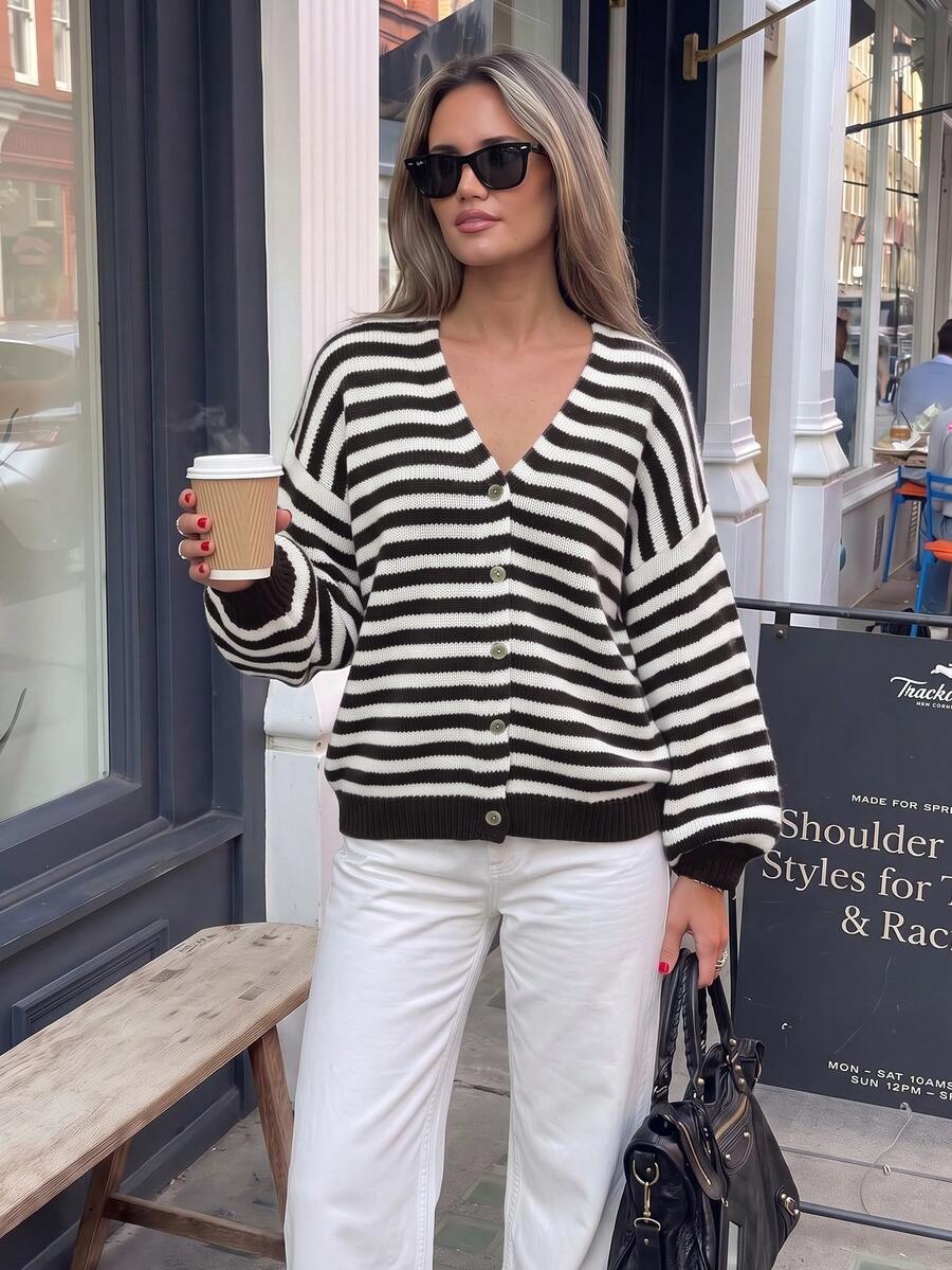 Cardigan Rajut Bergaris Wanita, Sweater Lengan Panjang Panjang Standar, Cocok untuk Musim Gugur/Musim Dingin, Atasan Gaya Vintage Leher Bulat dengan Kancing Depan - Hitam - View 1