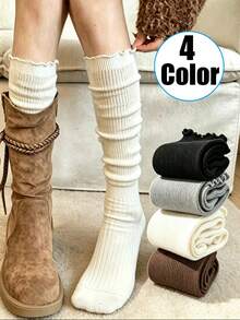1 Pasang Kaos Kaki Selutut dengan Hiasan Rumbai, Kaos Kaki Wanita Musim Semi/Gugur JK, Kaos Kaki Selutut Putih dengan Hiasan Renda Rumbai, Cocok Dipadukan dengan Sepatu Bot, Sepatu Bot Setinggi Lutut, Penghangat Kaki - MultiWarna - View 1