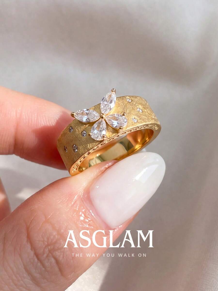 1pc Women's Shiny Zirconia Butterfly Brushed Ring, Engagement Wedding Party Daily Wear, Anniversary Jewelry Gift - Gold - View 1