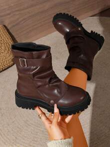 Vintage Brown Pleated Thick Sole Mid-Calf Work Boots Women's Metal Buckle Round Toe Chunky Heel Non-Slip Boots - Brown - View 1