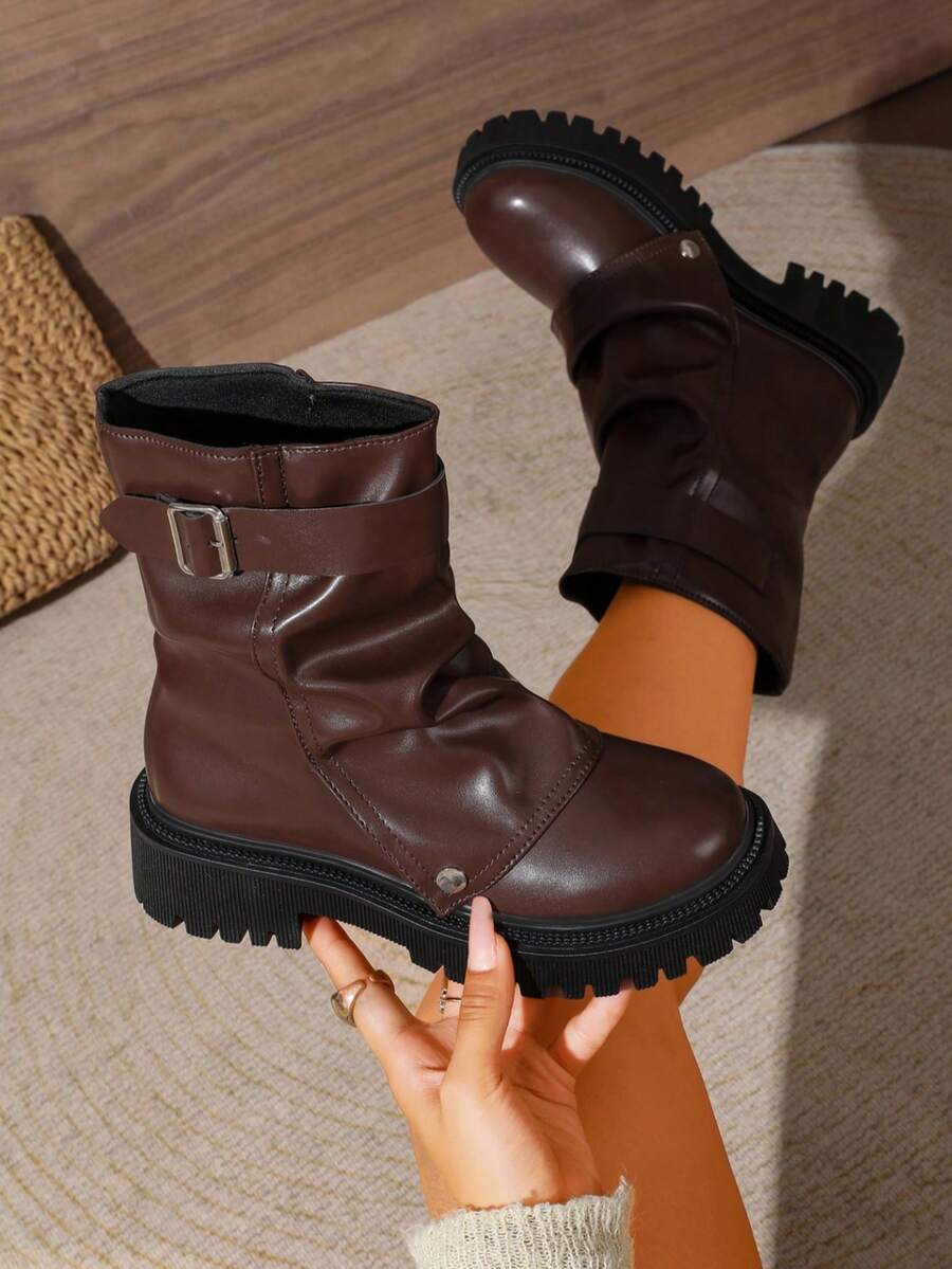 Vintage Brown Pleated Thick Sole Mid-Calf Work Boots Women's Metal Buckle Round Toe Chunky Heel Non-Slip Boots - Brown - View 1