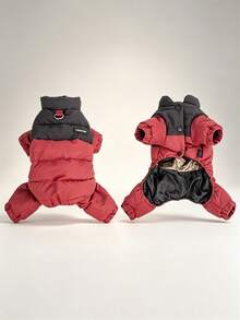 Purple Patchwork Pet Winter Jumpsuit, Four-Legged Thickened Full-Body Winter Coat, Comfortable Clothing For Small Dogs - Red - View 3