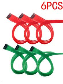 6pcs Red & Green Dual-Color Clip-In Hair Extensions, Quick Clip-In Colored Straight Hair Pieces, One-Piece Invisible Hair Clip, Easily Add Layers, Suitable For Halloween, Christmas, Party, Festival And Daily Styling - Multicolor - View 7