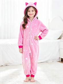 Tween Girl Cat Ear & Star Pattern Long Sleeve Zip-Up Hooded Loungewear Jumpsuit - Multicolor - View 6