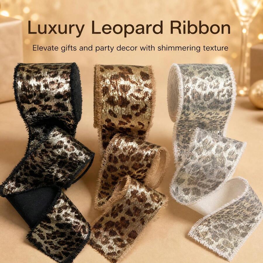 Gold Foil Leopard Print Frayed Edge Ribbon 1.5inch X4.5yard Holiday ...
