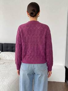 Magenta Diamond Hollow Knit Cardigan, Women Round Neck Long Sleeve Button Front Cropped Sweater - Red Violet - View 8