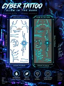 2 Sheets Glow In Dark Cyberpunk Mechanical Temporary Tattoo Stickers, Large Sci-Fi Robot Line Pattern Waterproof Long Lasting Body Decals For Men Women Cosplay Party Decor,Halloween Costume - Multicolor - View 8
