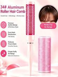 2pcs Curling Comb And Roller Set, Manual Hair Curler, Curling Comb, Aluminum Curling Rod, Non-Heat Curling, No Hair Damage, Effective Hair Care, Quick Styling, Suitable For Home Daily, Hair Salon, Beauty Parlor Use - Pink - View 2