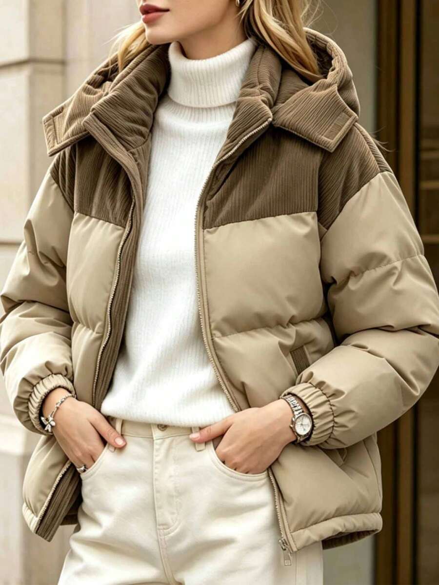 Women's Autumn/Winter Colorblock Thickened Warm Hooded Padded Coat - Khaki - View 1