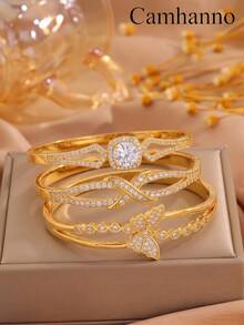Camhanno 3/1pc Copper Material, Gold Inlaid Diamond Bracelet, Women's Light Luxury Bamboo Knot Twisted Pattern Design, High-End Feeling, Layered Bracelet - Gold - View 12