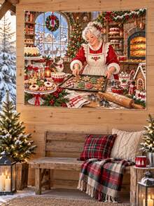 1PC Mrs Claus Holiday Bakery Horizontal Wall Tapestry, Gingerbread Cookie Candy Cane Christmas Wall Hanging, Faux Ultra-Soft Polyester Single-Sided Print, Multiple Sizes - Multicolor - View 6