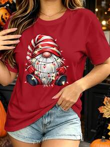 Plus Size Women's Casual Graphic Tee Print Daily Tops Crew Neck Short Sleeves Cute Christmas Santa Festival T-Shirts - Red - View 3