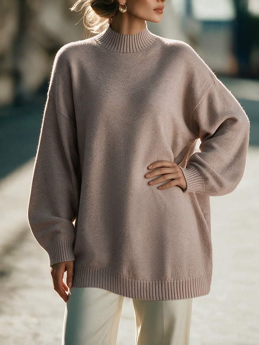 SEREN Women's Comfortable Regular Fit Loose Pullover Sweater, Featuring Stand Collar And Long Sleeve Design, Perfect For Winter Wear - Khaki - View 1