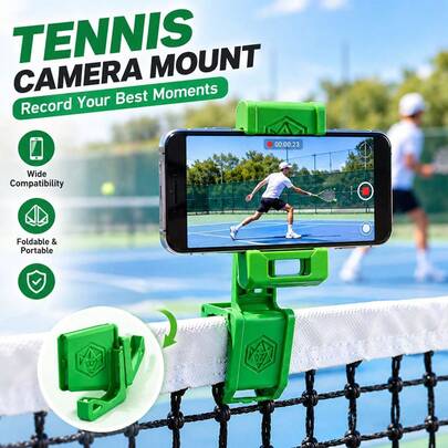 1pc Tennis Phone Holder, Foldable Tennis Net Clip Phone Mount, Camera Stand With Tool-Free Quick Setup, Stable Grip, Portable Lightweight Design For Training Recording, Match Video, Sports Live Streaming, Video Creation, Outdoor Tennis