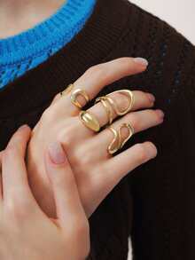 Sorayune 4pcs/Set Fashionable Bohemian Geometric Hollow Asymmetric Abstract Design Adjustable Gold Rings Set, Women Jewelry Accessories - Yellow Gold - View 7