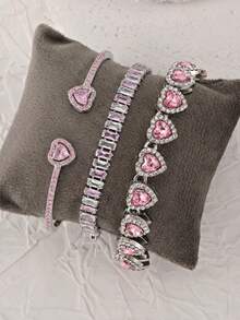 Silver Heart-Shaped Bracelet Set With Cubic Zirconia, Open Cuff Bracelet, Fashionable For Women's Daily Wear, Holiday Gift - Silver - View 1
