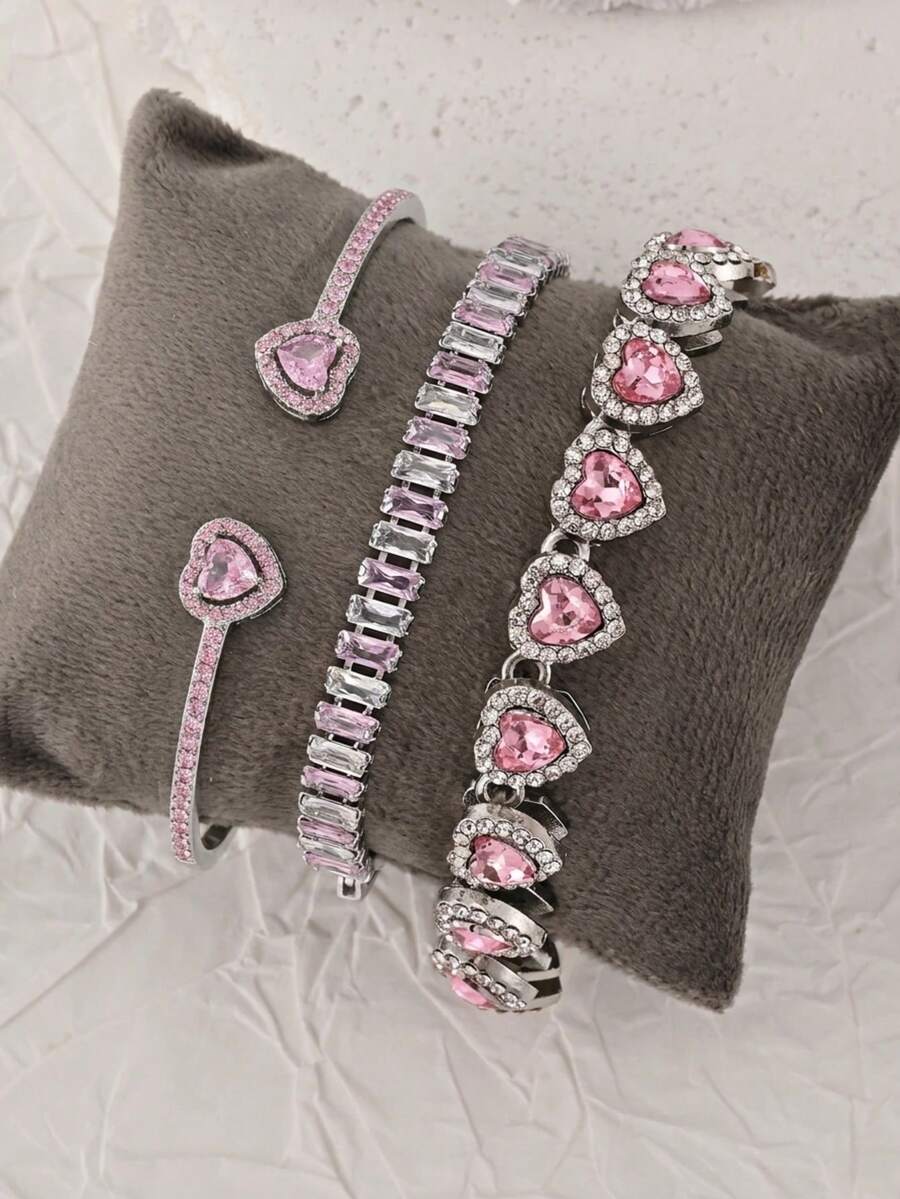 Silver Heart-Shaped Bracelet Set With Cubic Zirconia, Open Cuff Bracelet, Fashionable For Women's Daily Wear, Holiday Gift - Silver - View 1